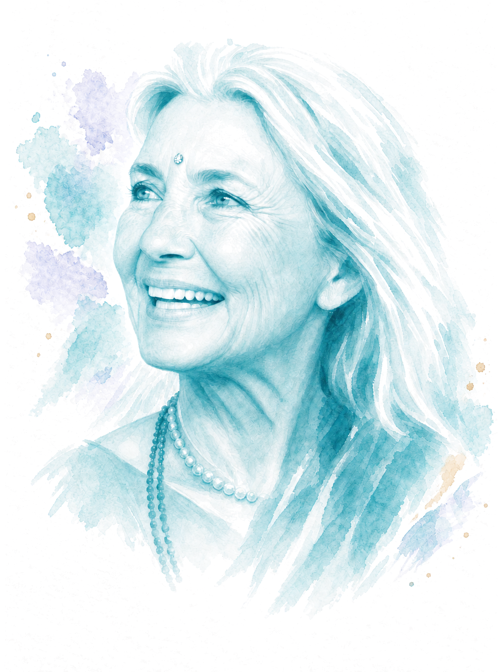 A blue watercolour portrait of Ganga smiling and looking upward.