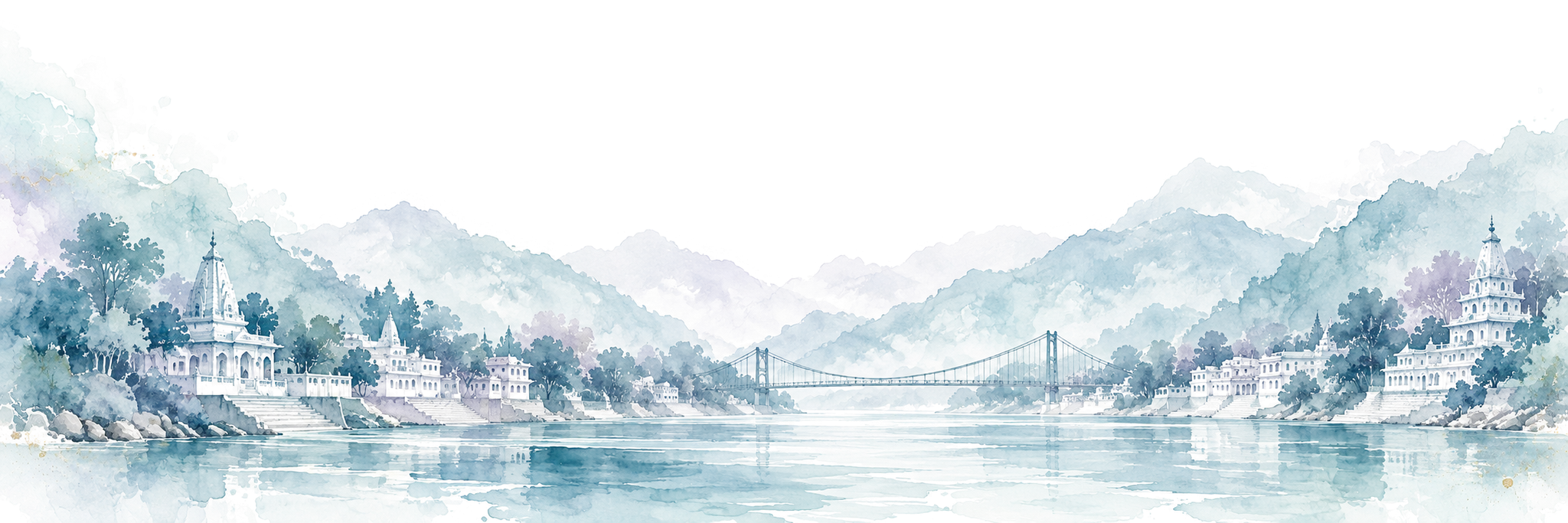 A watercolour view of the Ganga at Rishikesh, with a suspension bridge, riverside temples and blue Himalayan foothills.